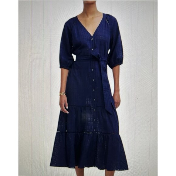 MADEWELL Tie-Waist Tiered Midi Dress Windowpane Navy Blue Button Up Size 8 - Picture 1 of 16